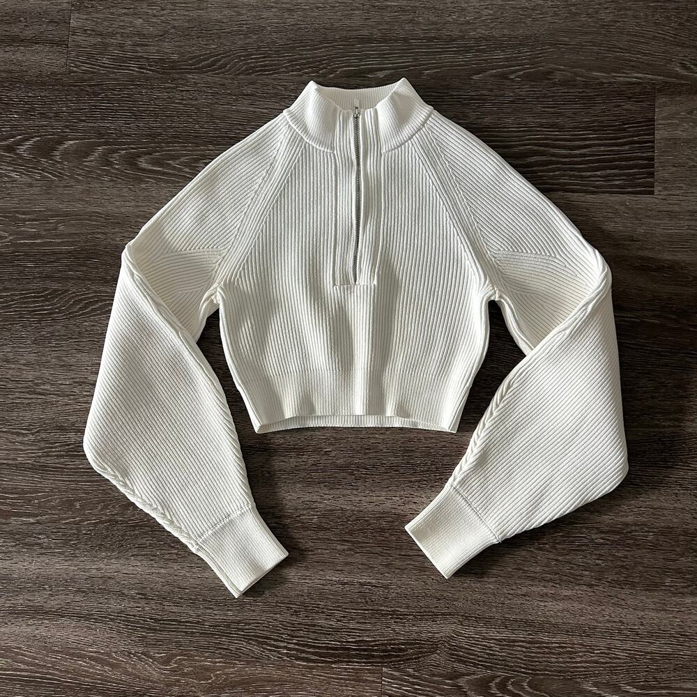 NWOT House of CB Reeva White Balloon Sleeve Ribbed Sweater Zip Top Size Small - Picture 2 of 16